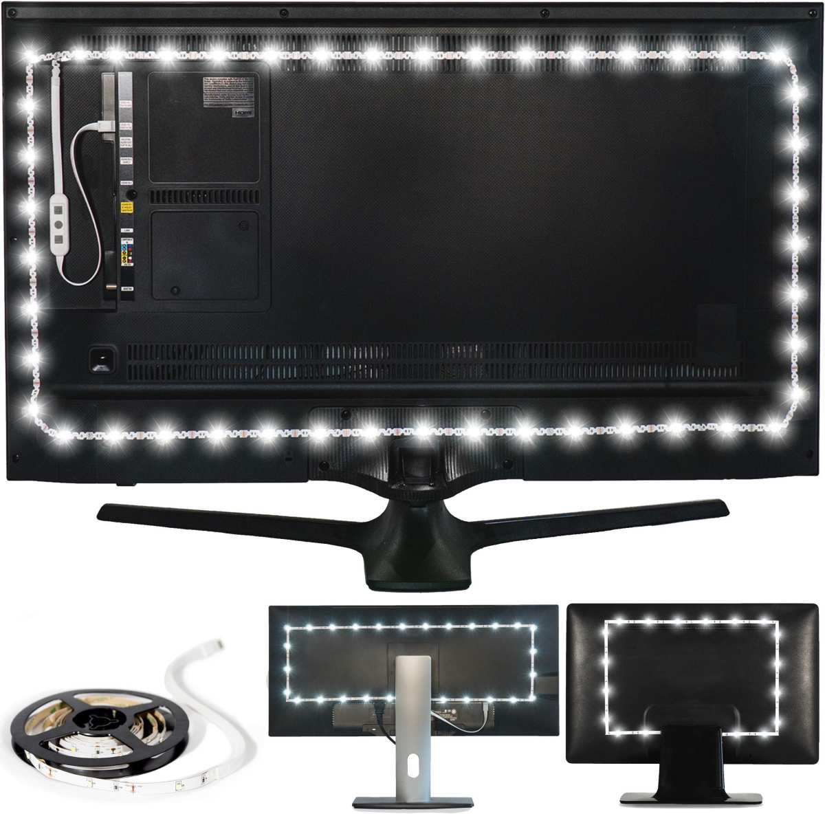 bias lighting behind computer monitor in dark room