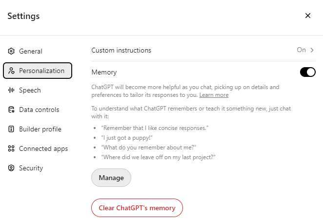 ChatGPT manage memory delete all