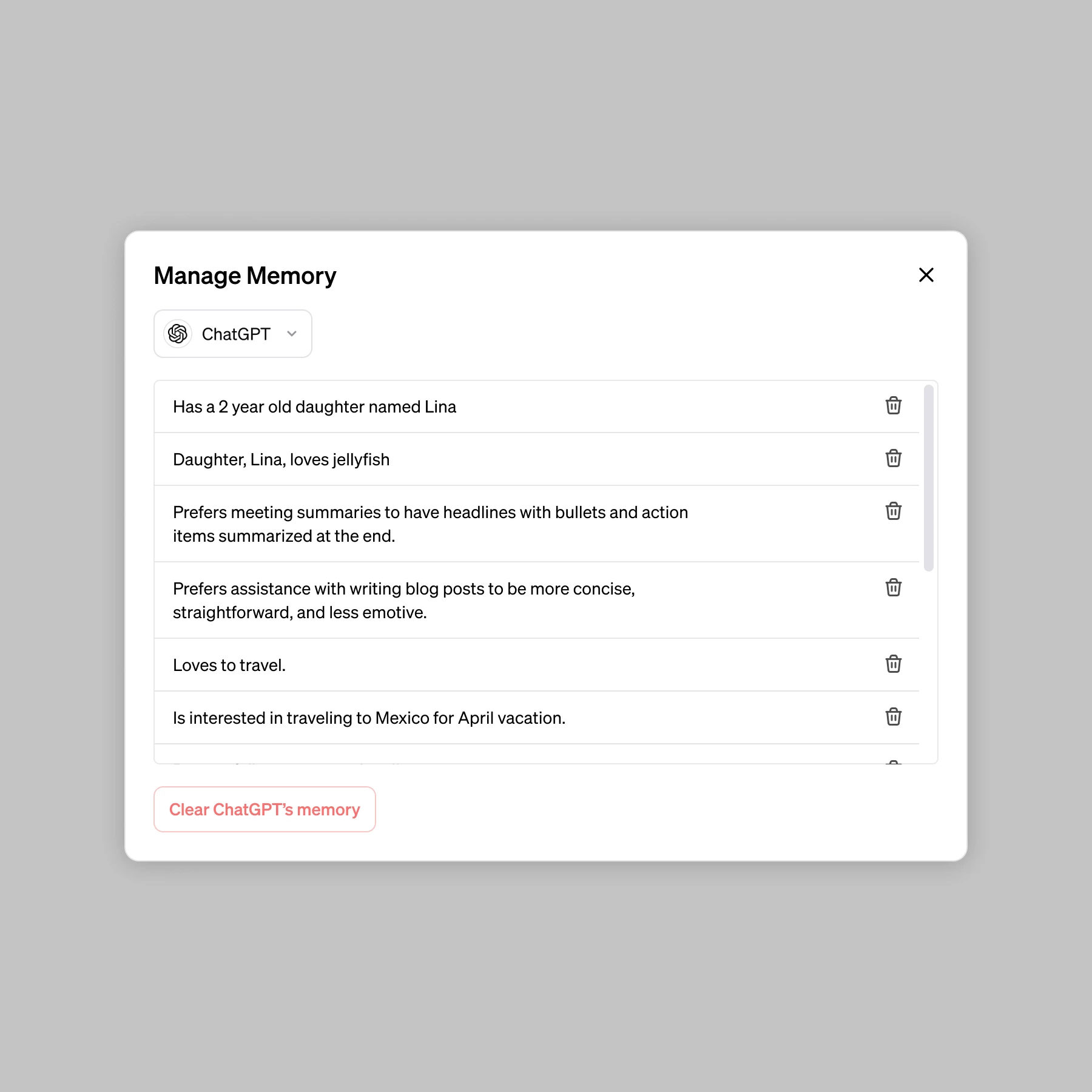 ChatGPT Memory feature settings