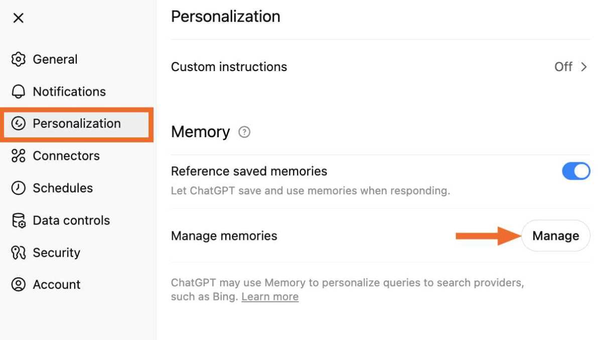 ChatGPT memory toggle switch off