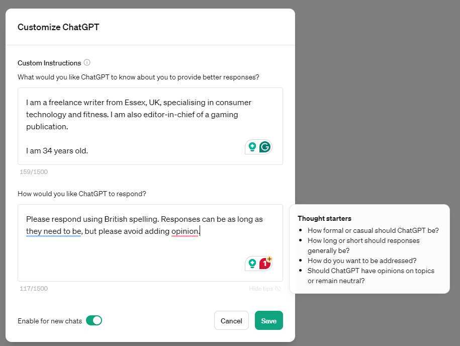 ChatGPT project instructions setup