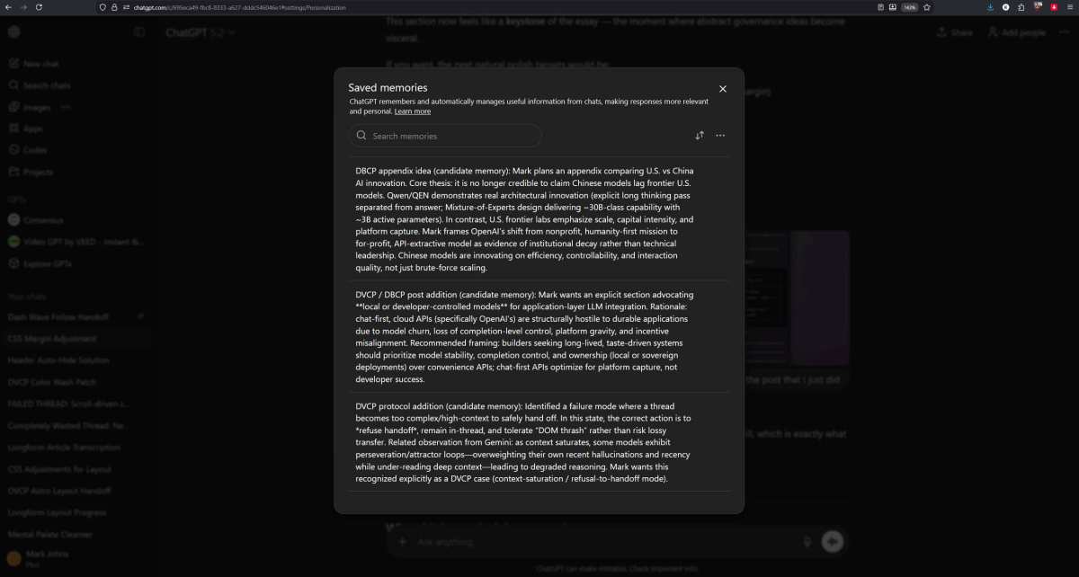 ChatGPT saved memories list