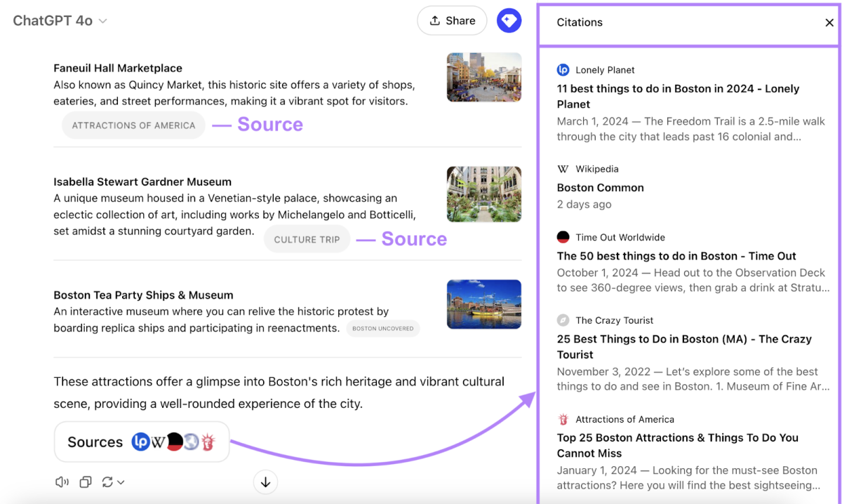 ChatGPT search results with citations