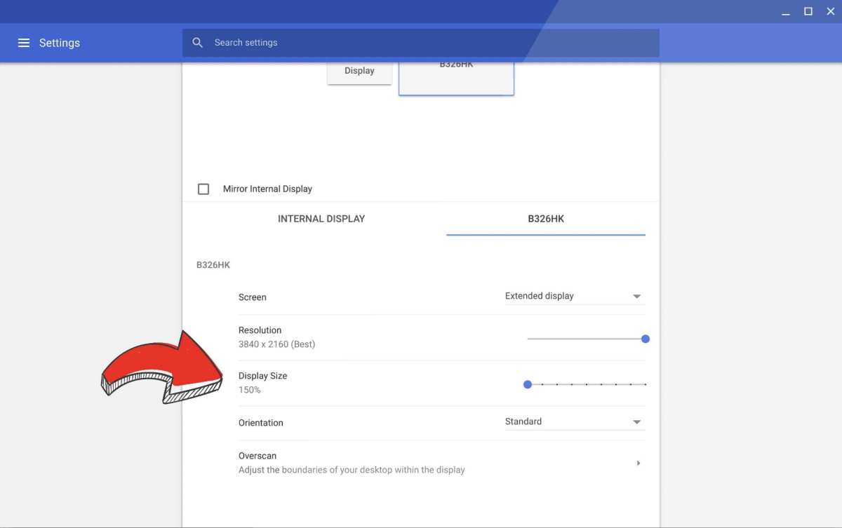 ChromeOS display settings screen