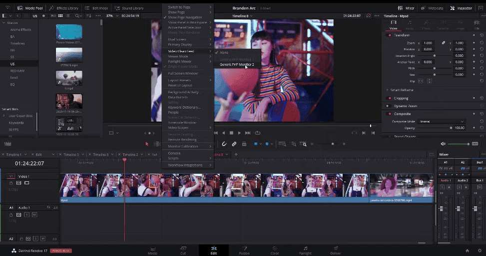 DaVinci Resolve dual monitor workspace