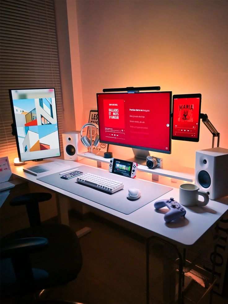 designer desk dual monitor setup