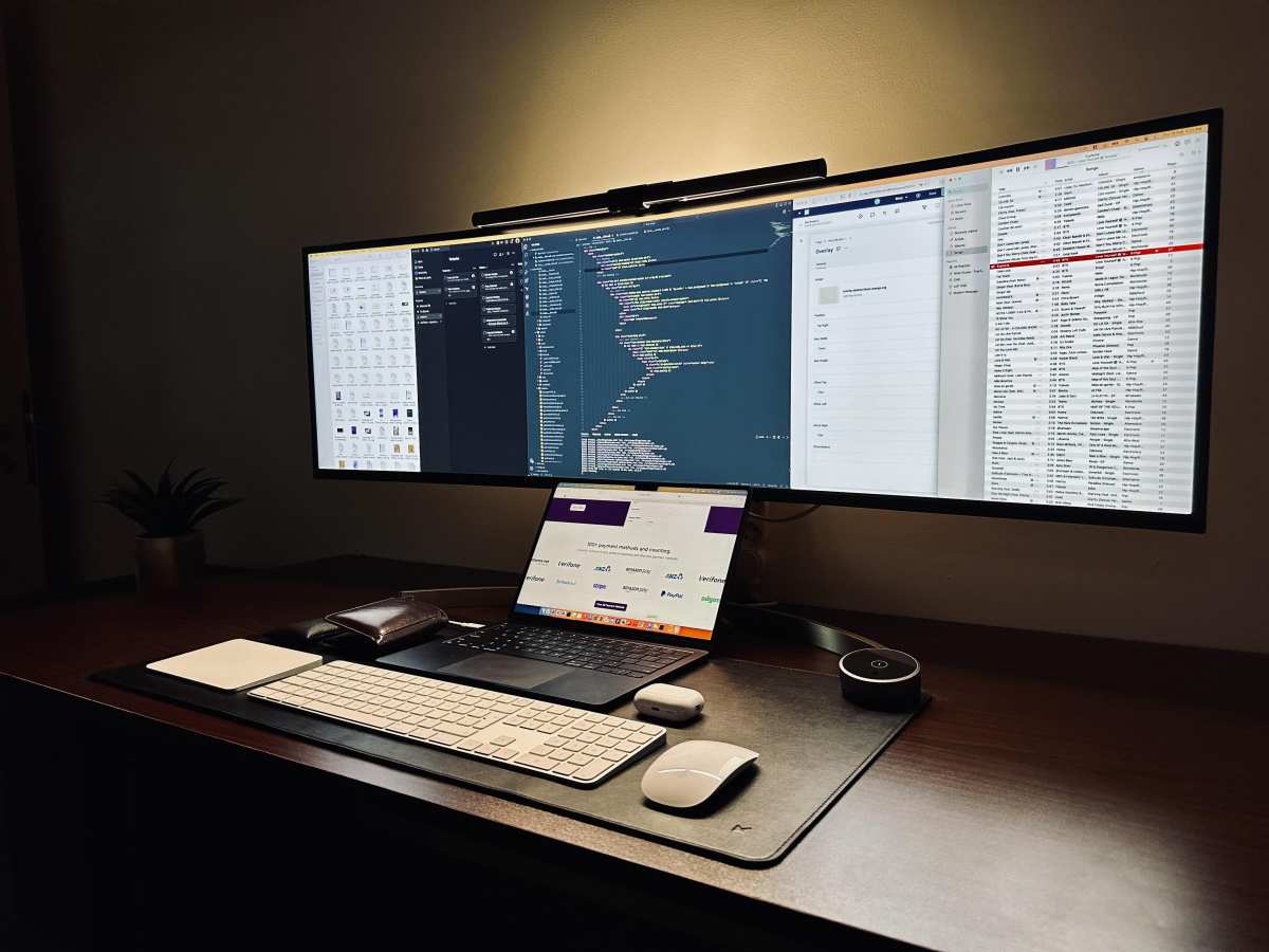 desk setup with ultrawide monitor
