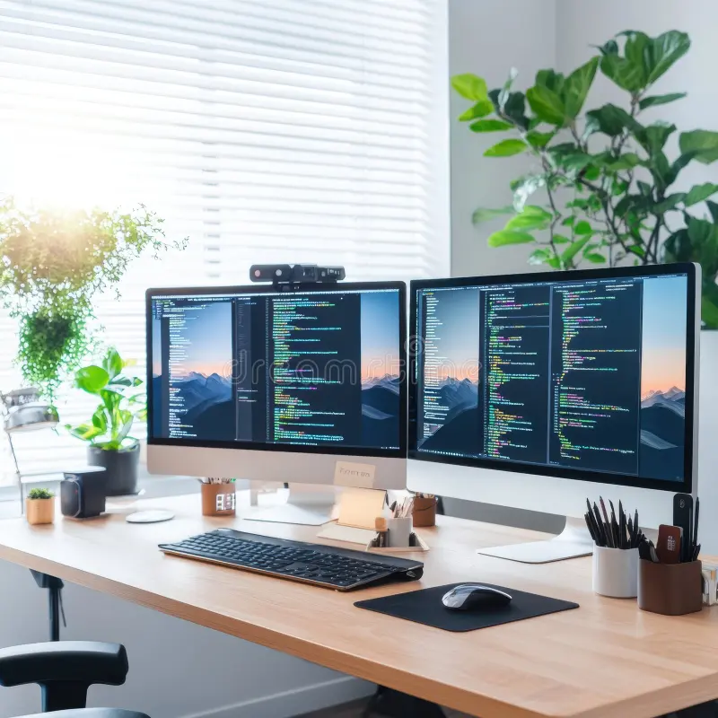 developer coding on dual screens with IDE and terminal