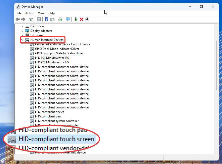 Device Manager HID-compliant touch screen