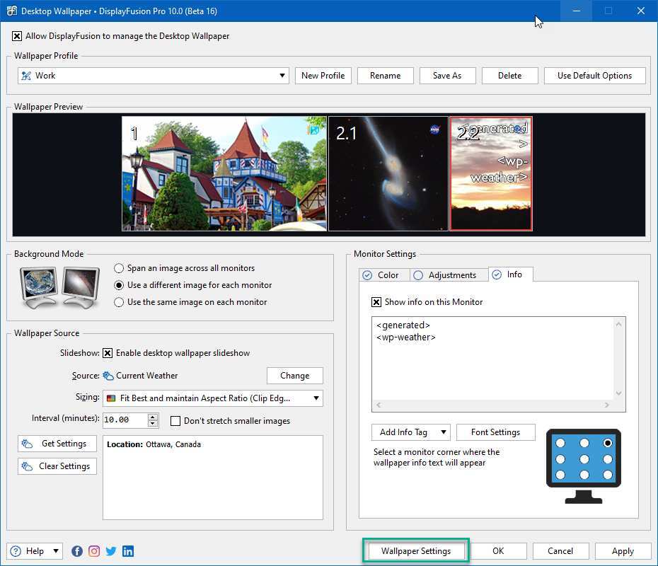 DisplayFusion dual monitor wallpaper interface
