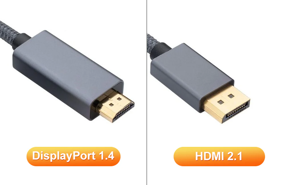 DisplayPort 1.4 and HDMI 2.1 cables connected to monitor