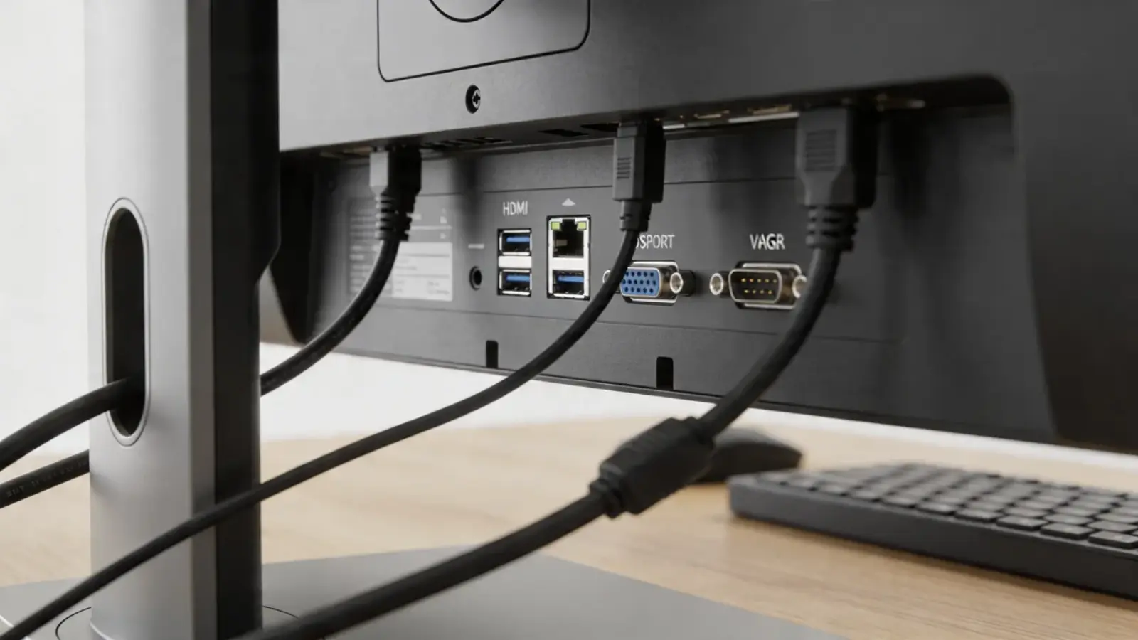 DisplayPort and HDMI cables connected to monitor