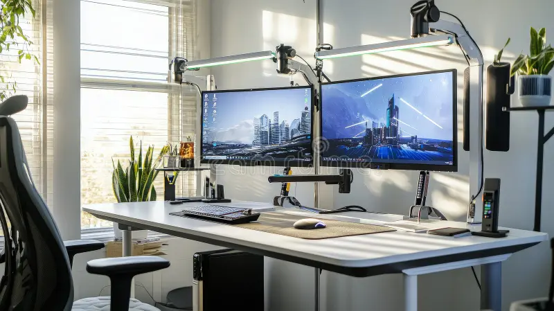 dual flat monitors home office setup