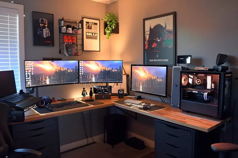 dual monitor desk space and ergonomic setup