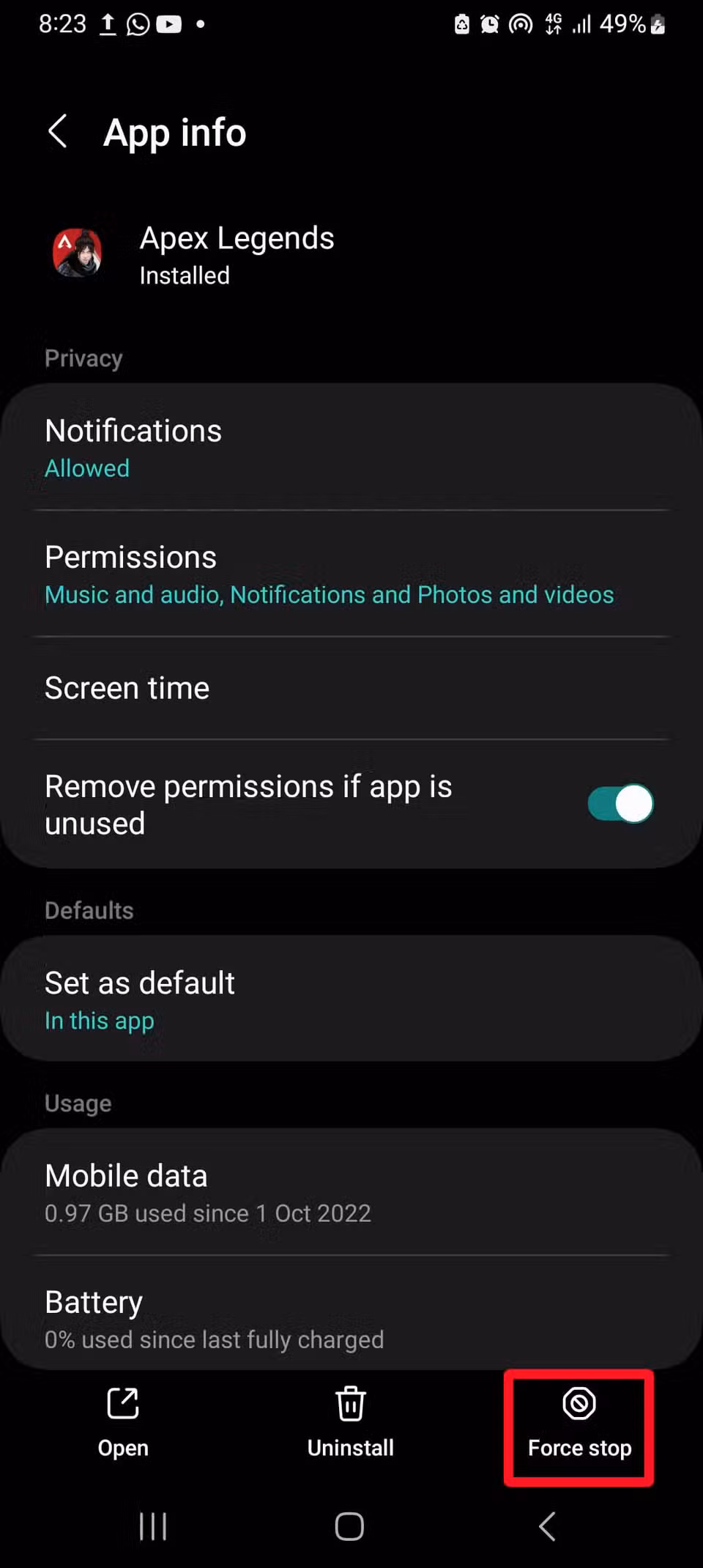 Force stop YouTube app