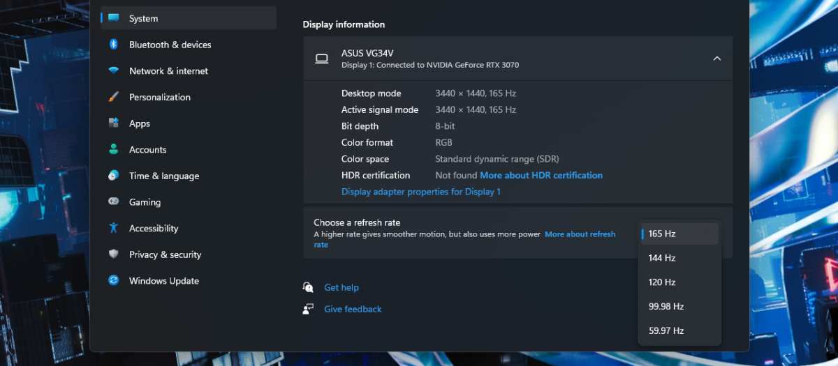 gaming monitor refresh rate settings