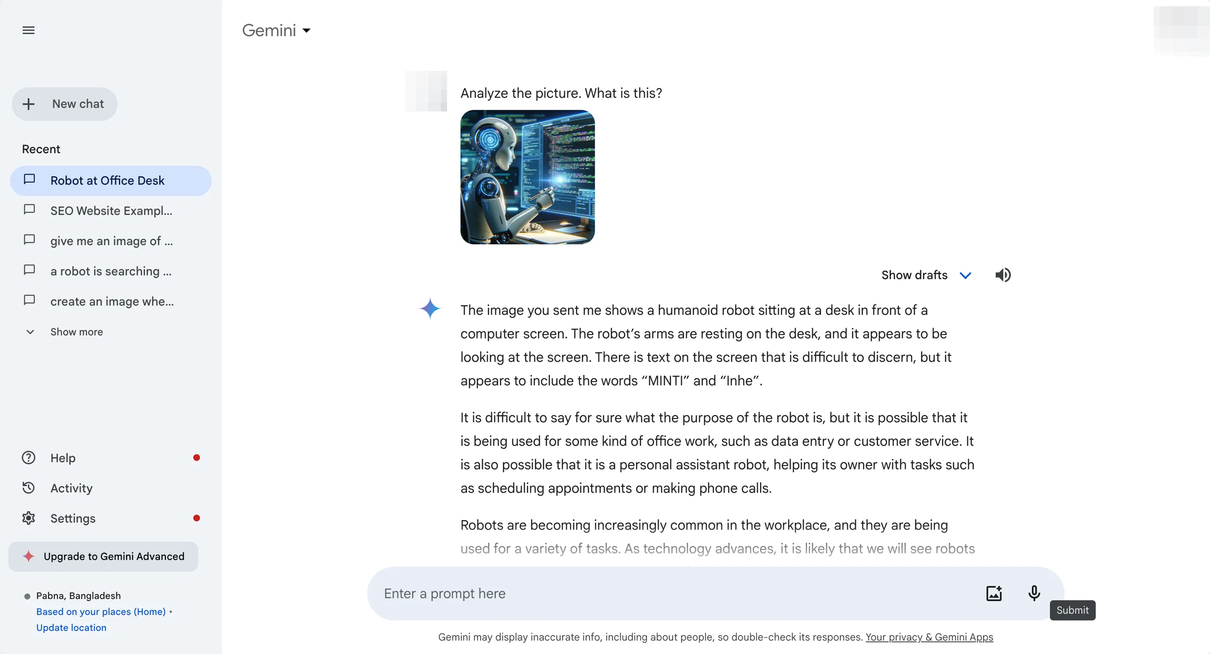 Gemini image upload interface