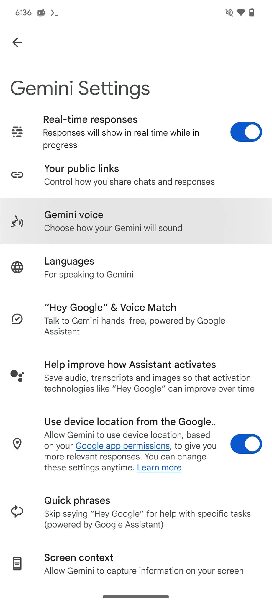 gemini live voice selection screen