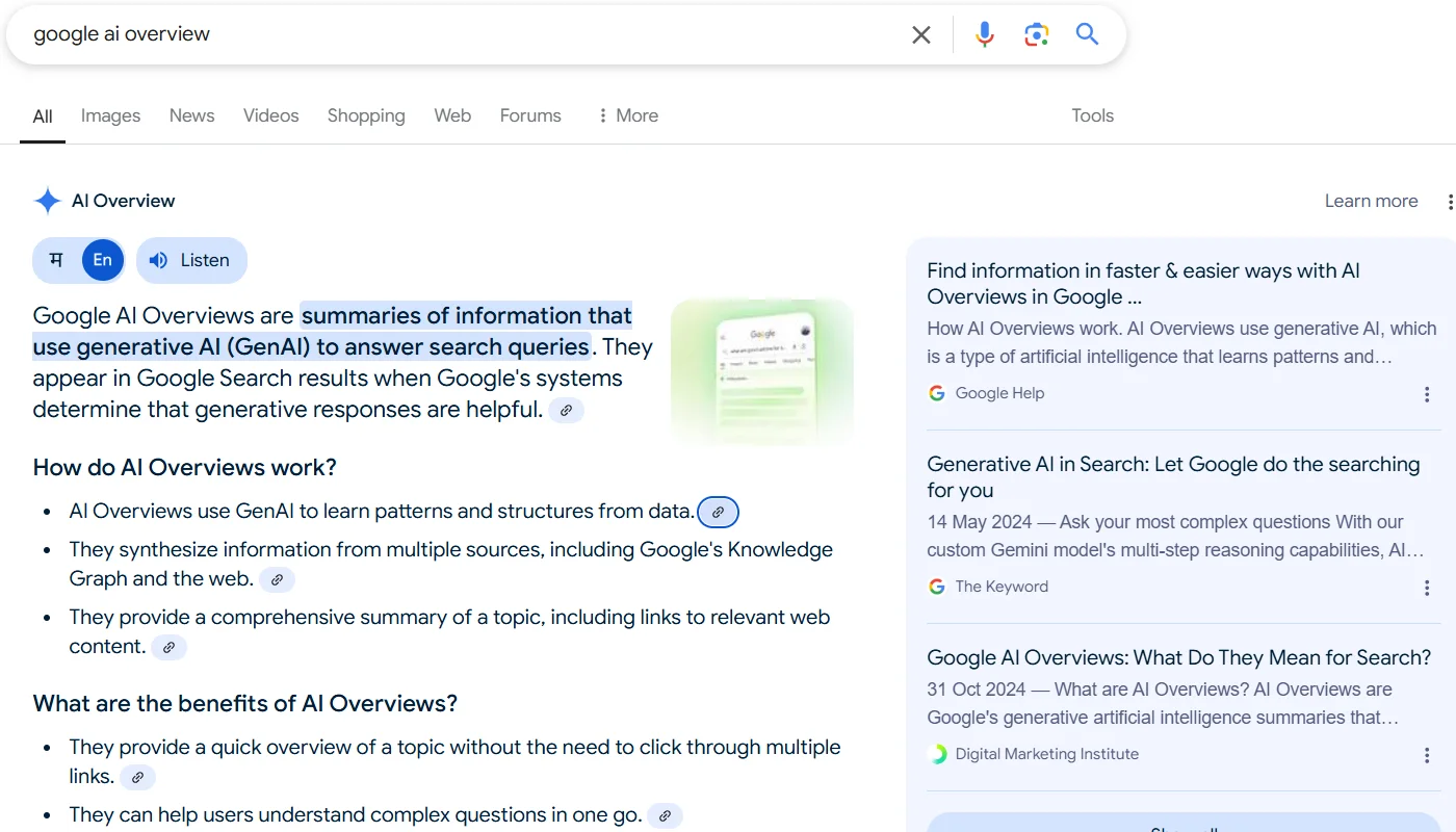 Google AI Overviews search results