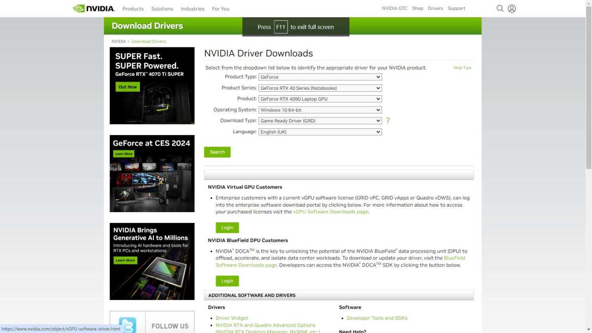 GPU driver update screen