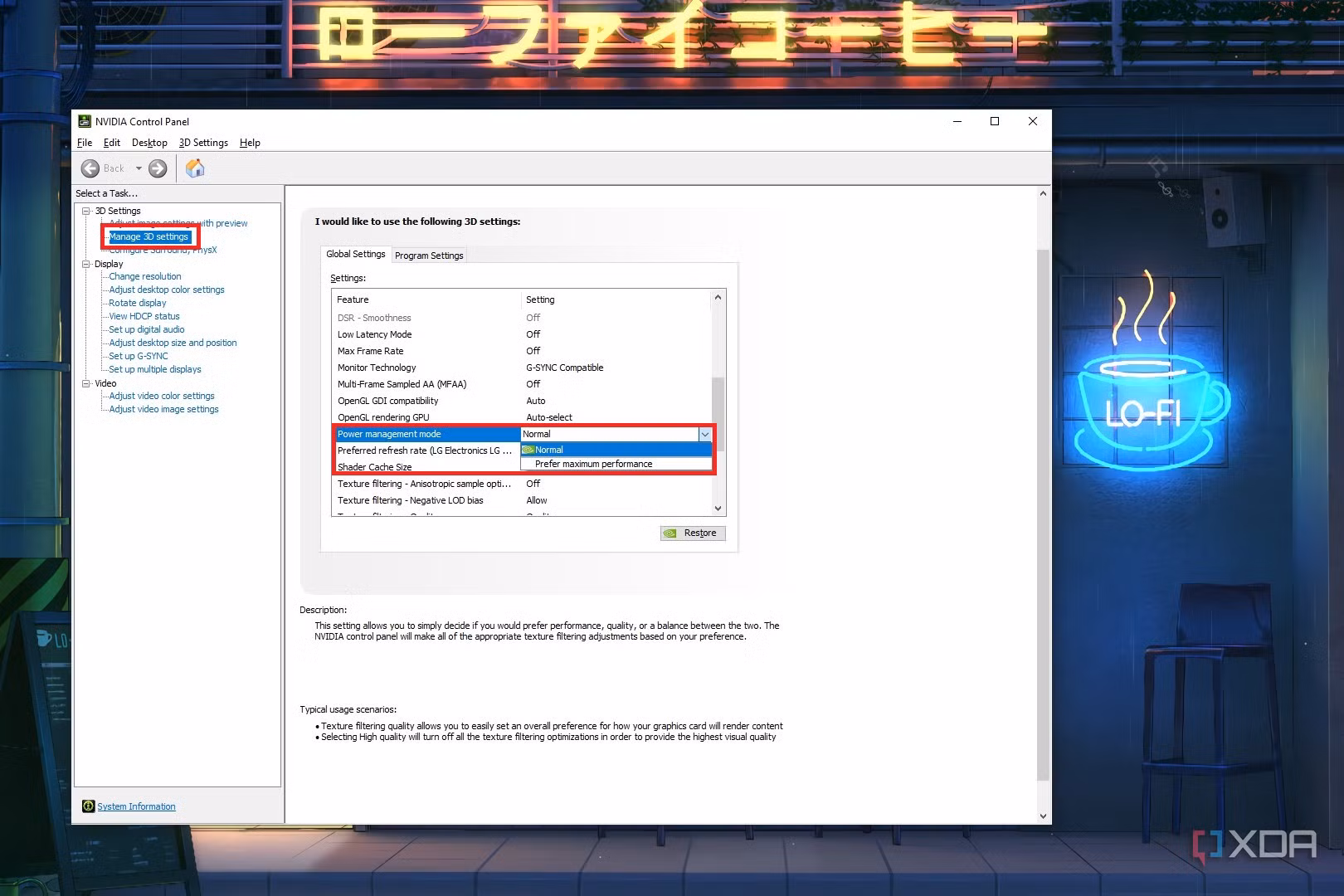 GPU power management NVIDIA control panel