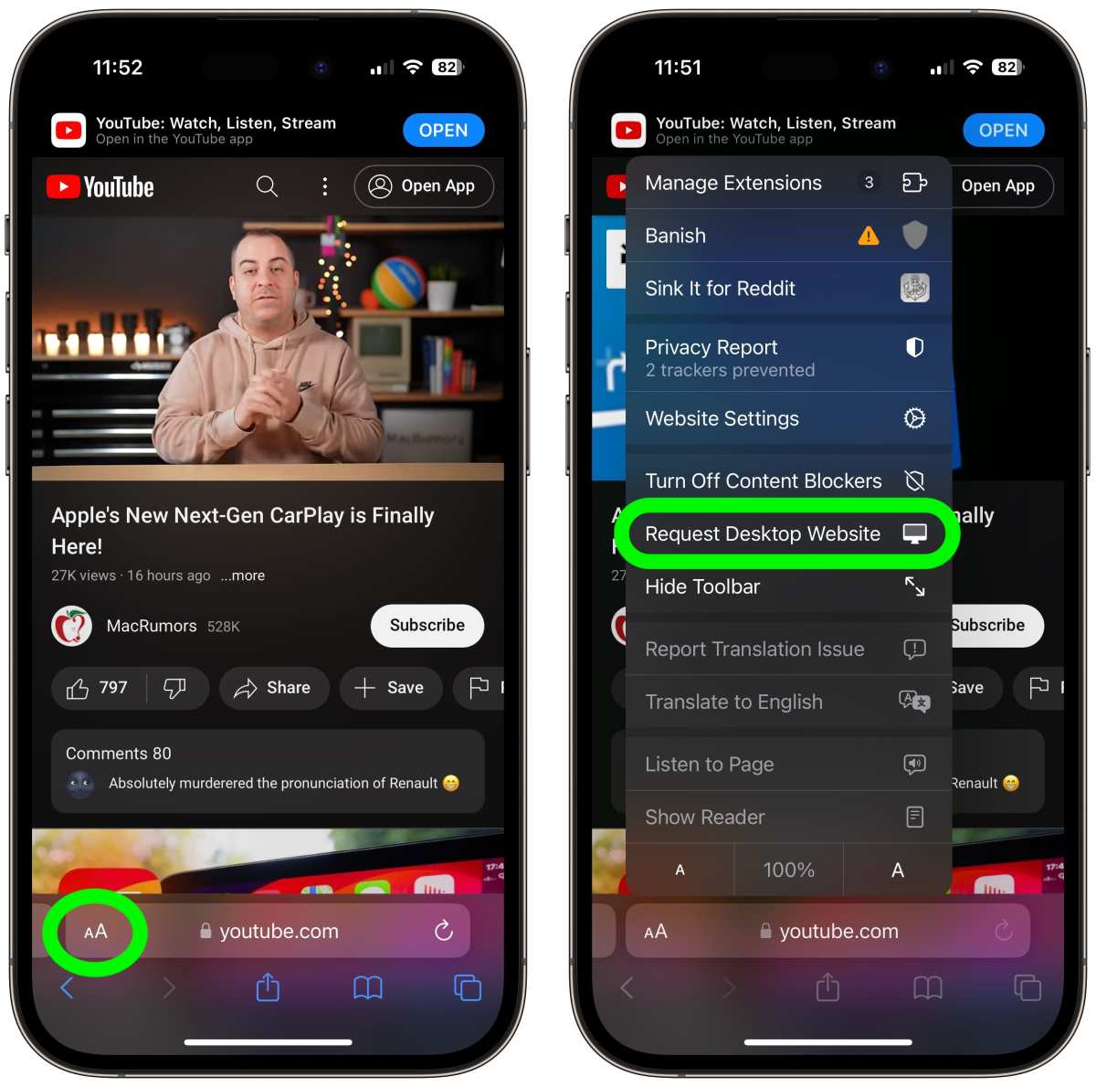 iPhone Safari browser showing YouTube