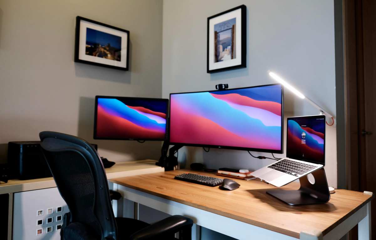 laptop dual external monitors desk setup