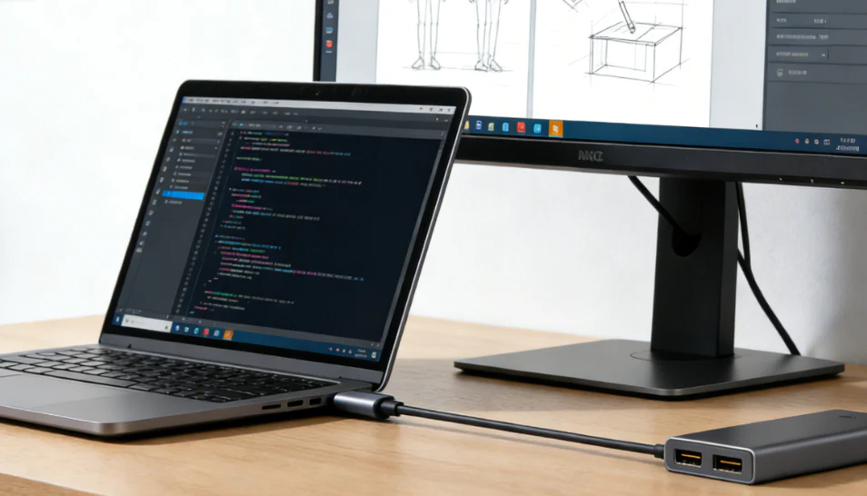 laptop USB-C port with cable connected to an external monitor, representing USB-C video output and dock connectivity