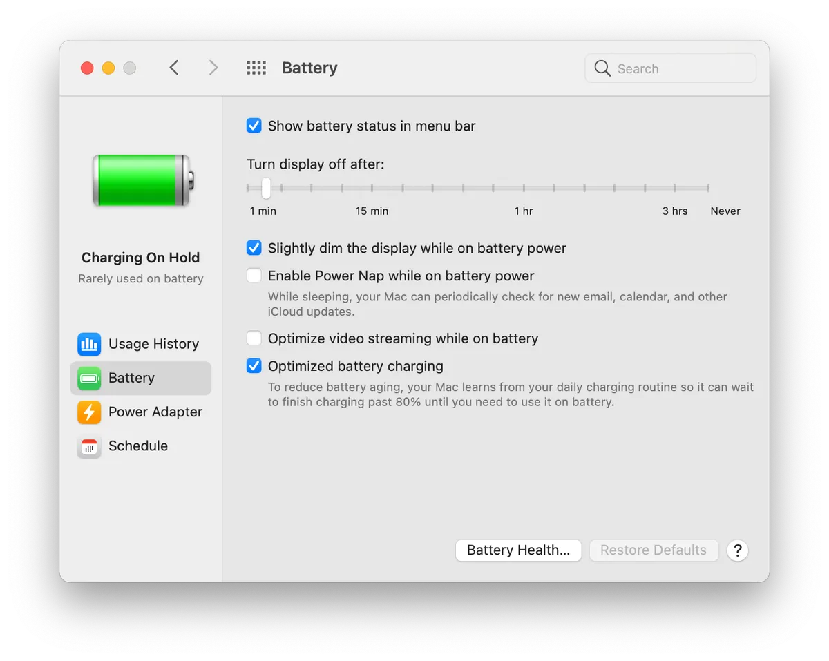 MacBook Pro battery settings charging status