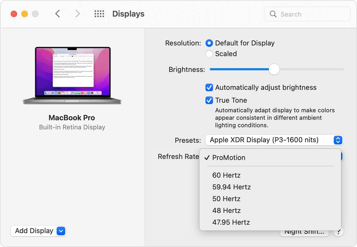 macOS display refresh rate settings