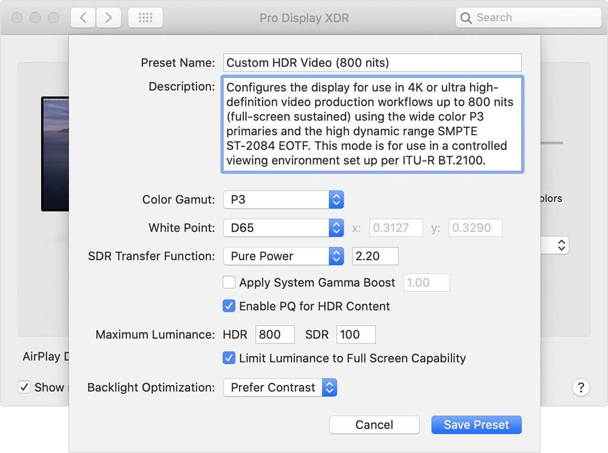 macOS display settings HDR toggle
