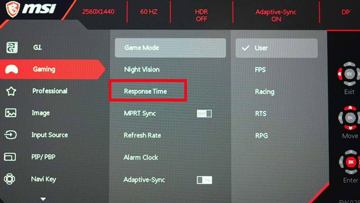 monitor OSD menu response time overdrive settings