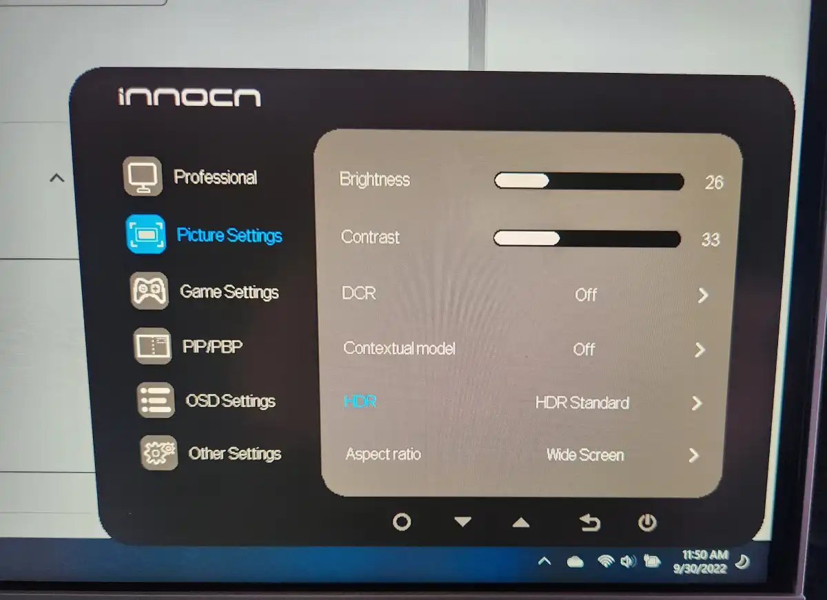 monitor OSD settings screen