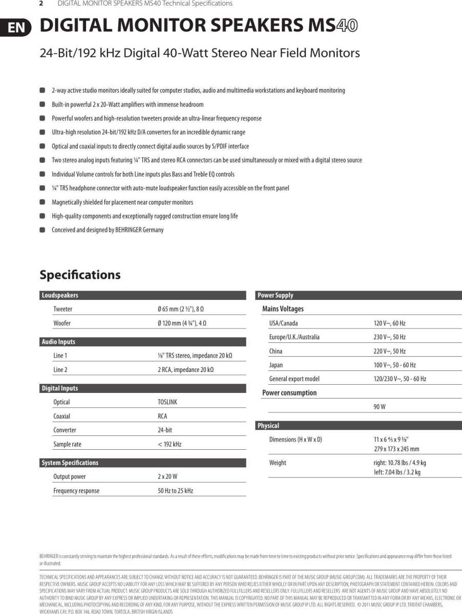 monitor specification sheet showing speaker details