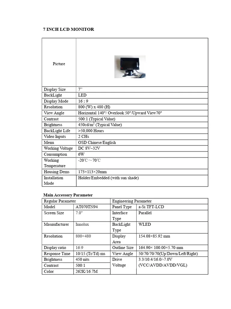 monitor specifications label ports