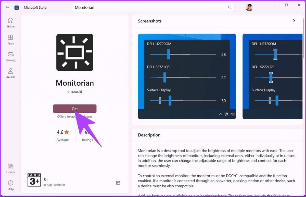 Monitorian app adjusting external monitor brightness on Windows