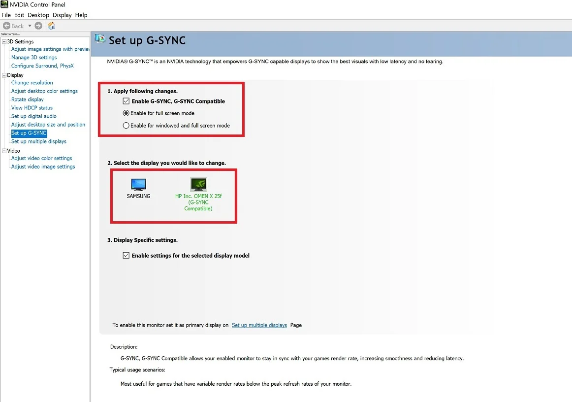 Nvidia Control Panel G-Sync settings
