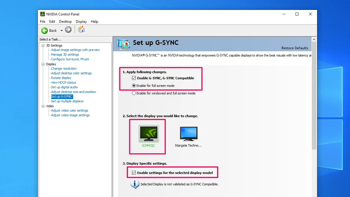 NVIDIA Control Panel G-SYNC settings