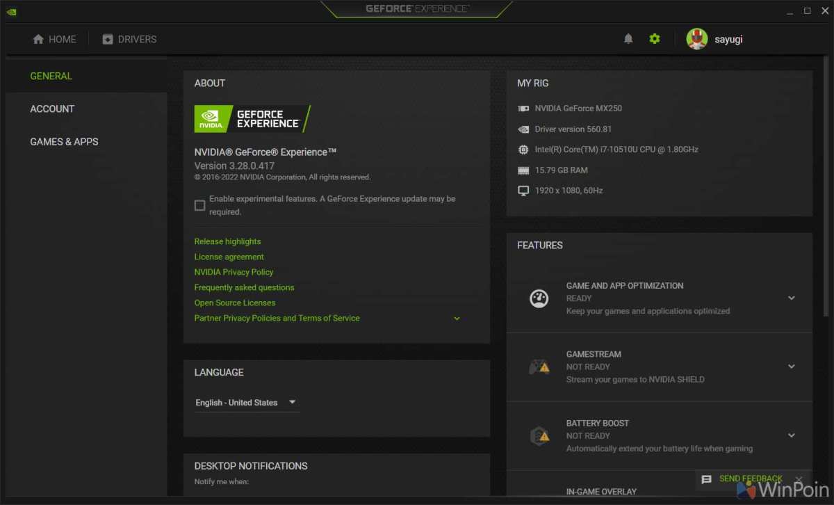 NVIDIA GeForce Experience driver update screen