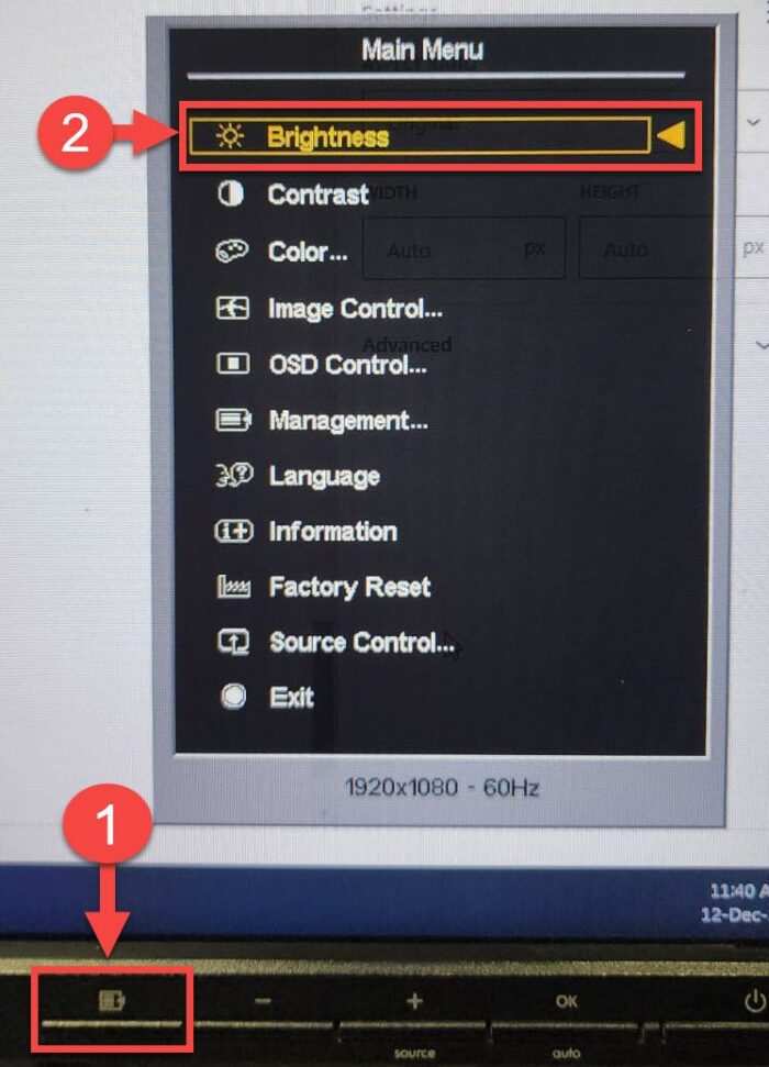 On-Screen Display (OSD) menu showing brightness slider