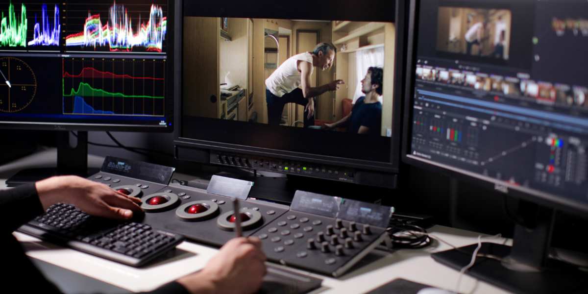 Professional color grading suite monitor setup