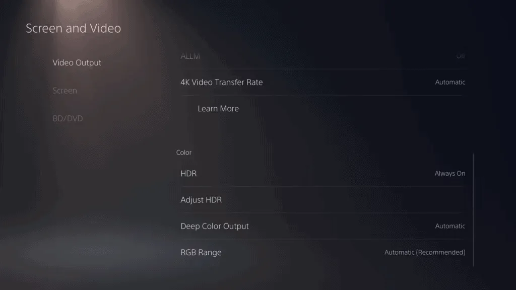 PS5 HDR settings menu