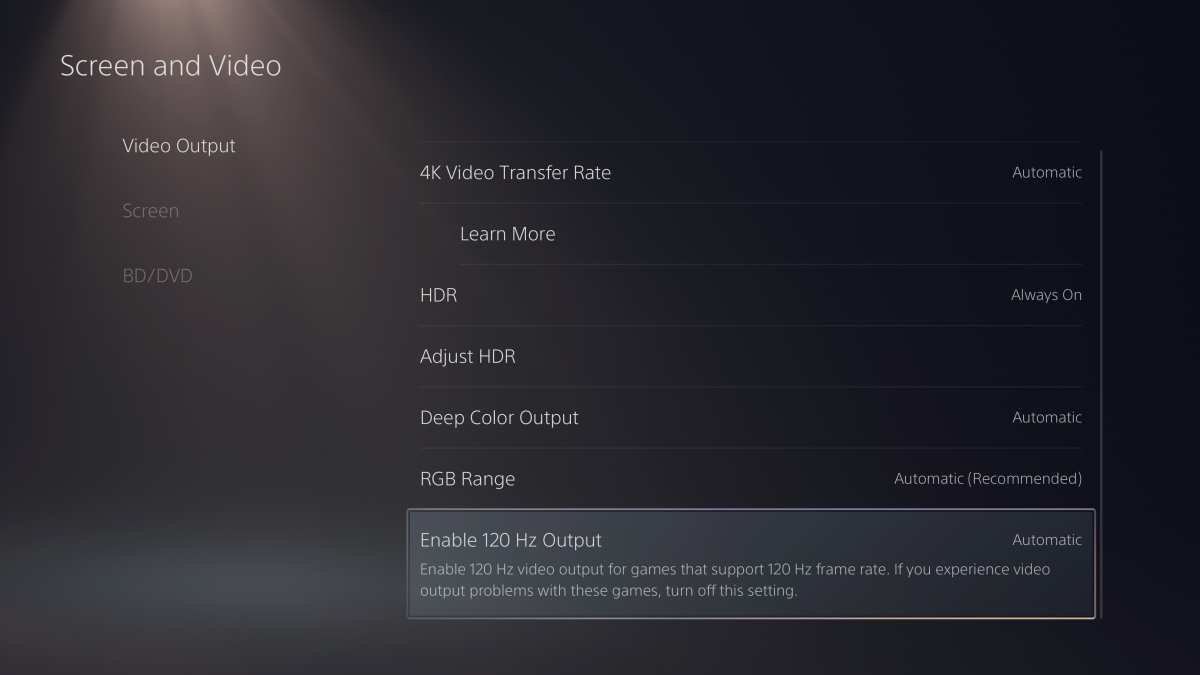 PS5 refresh rate settings