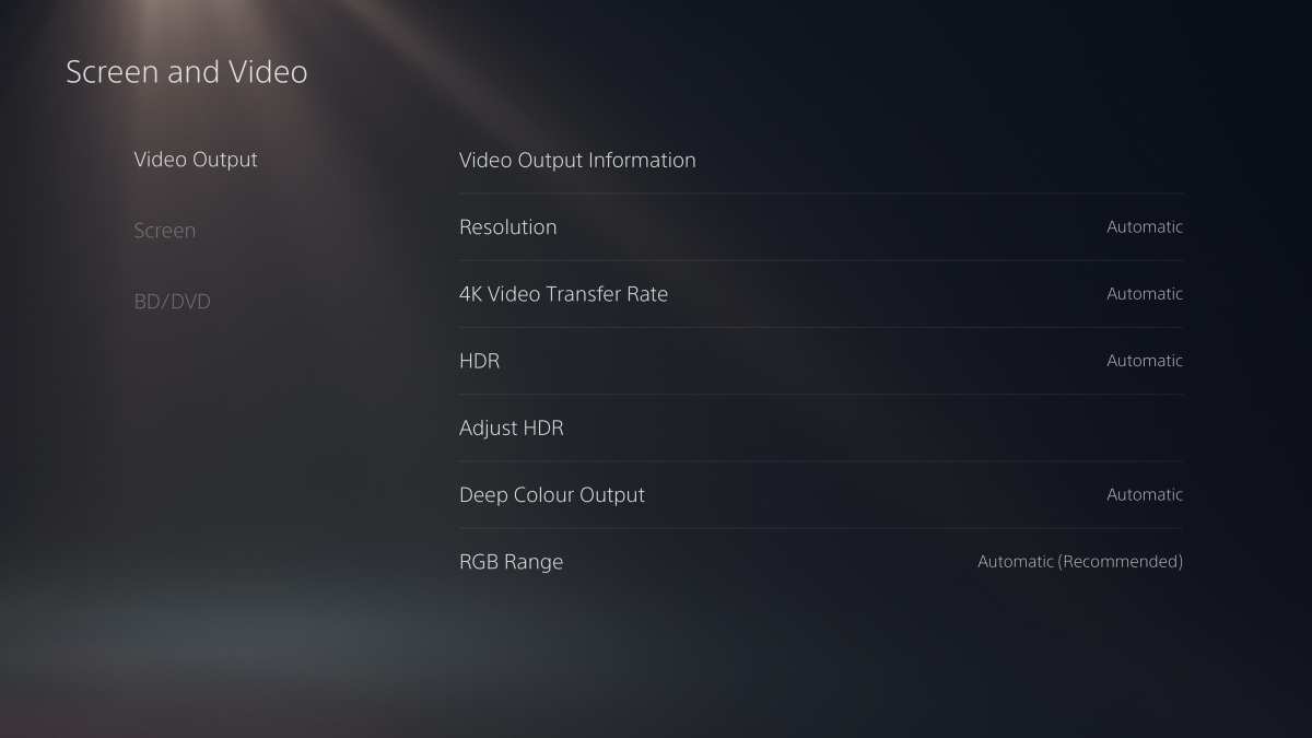 PS5 video output settings menu