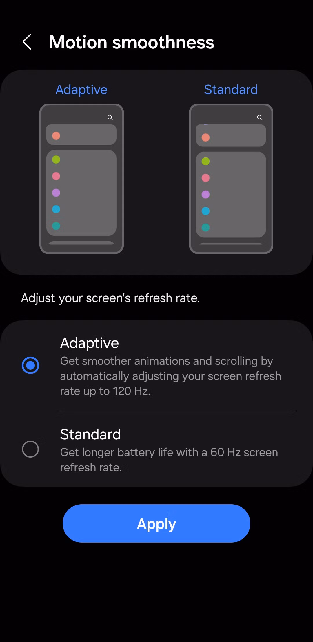 smartphone display refresh rate settings