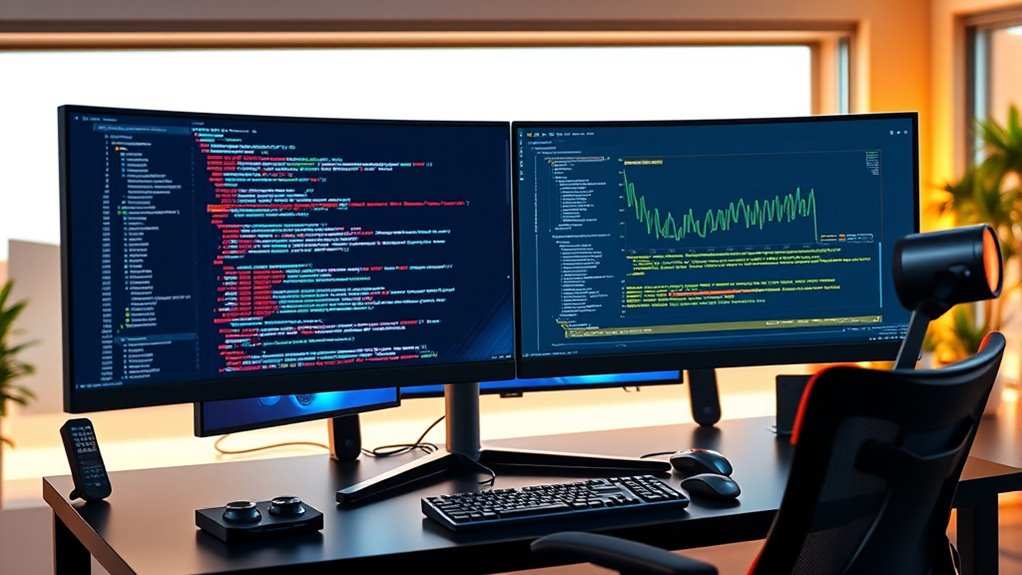 software developer multitasking on ultrawide curved monitor