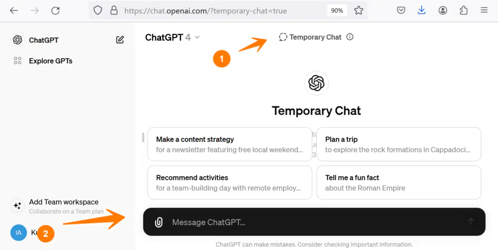 temporary chat mode in ChatGPT settings