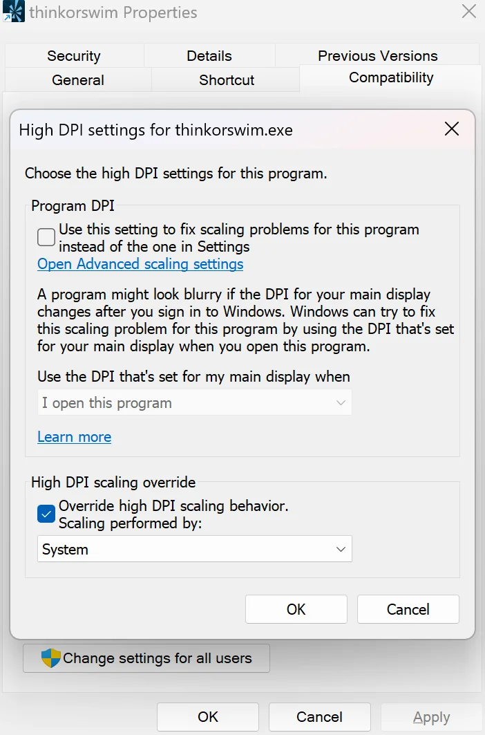 Thinkorswim 4K scaling settings