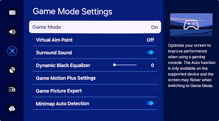TV game mode settings menu