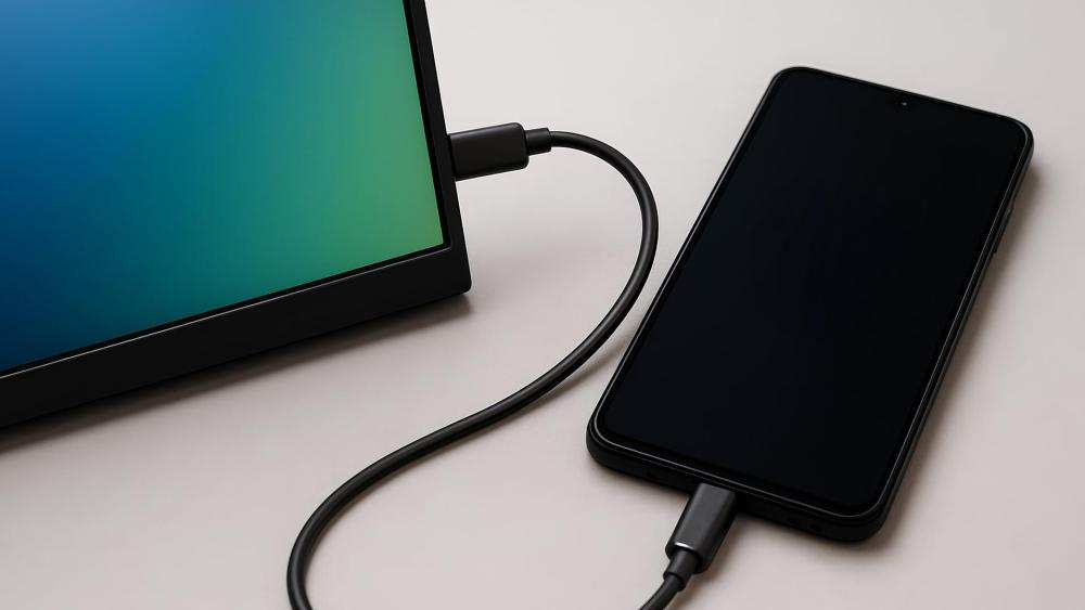USB-C cable connected to phone and portable monitor